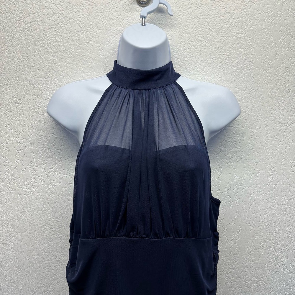 Venus Women’s Sz Lg High Collar Navy Ruched Sleeveless Blouse NWOT, V501 - Picture 3 of 14